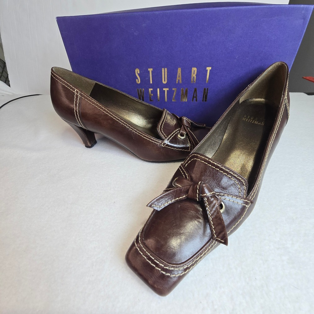 Vintage Stuart Weitzman Square Toe Heel Pumps Designer Shoes Leather Bow Women 7